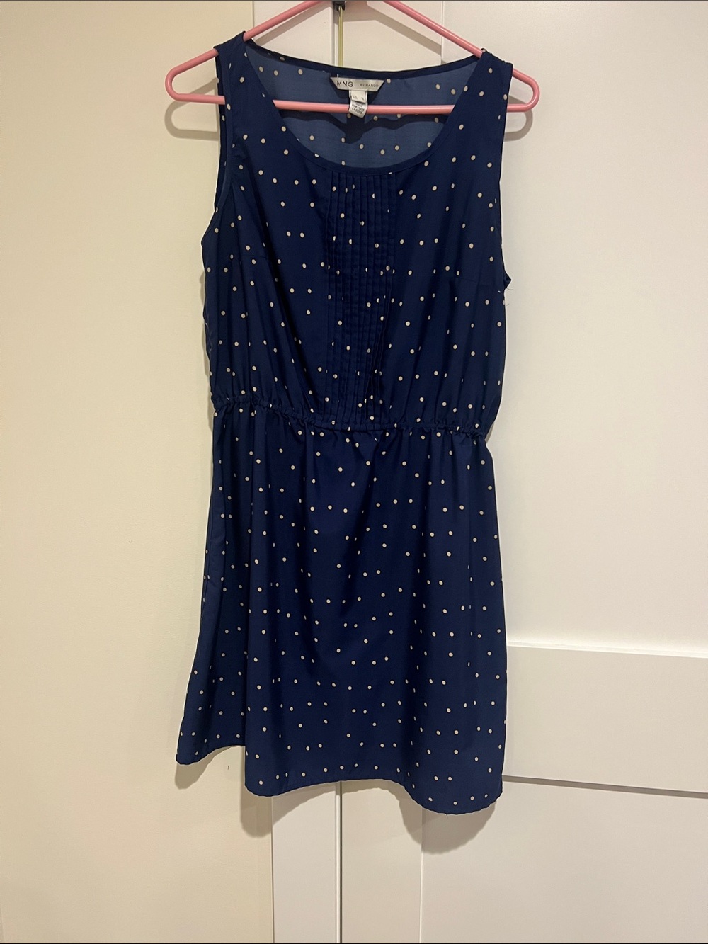 Navy Polka Dot Sleeveless Pleated Front Dress size m